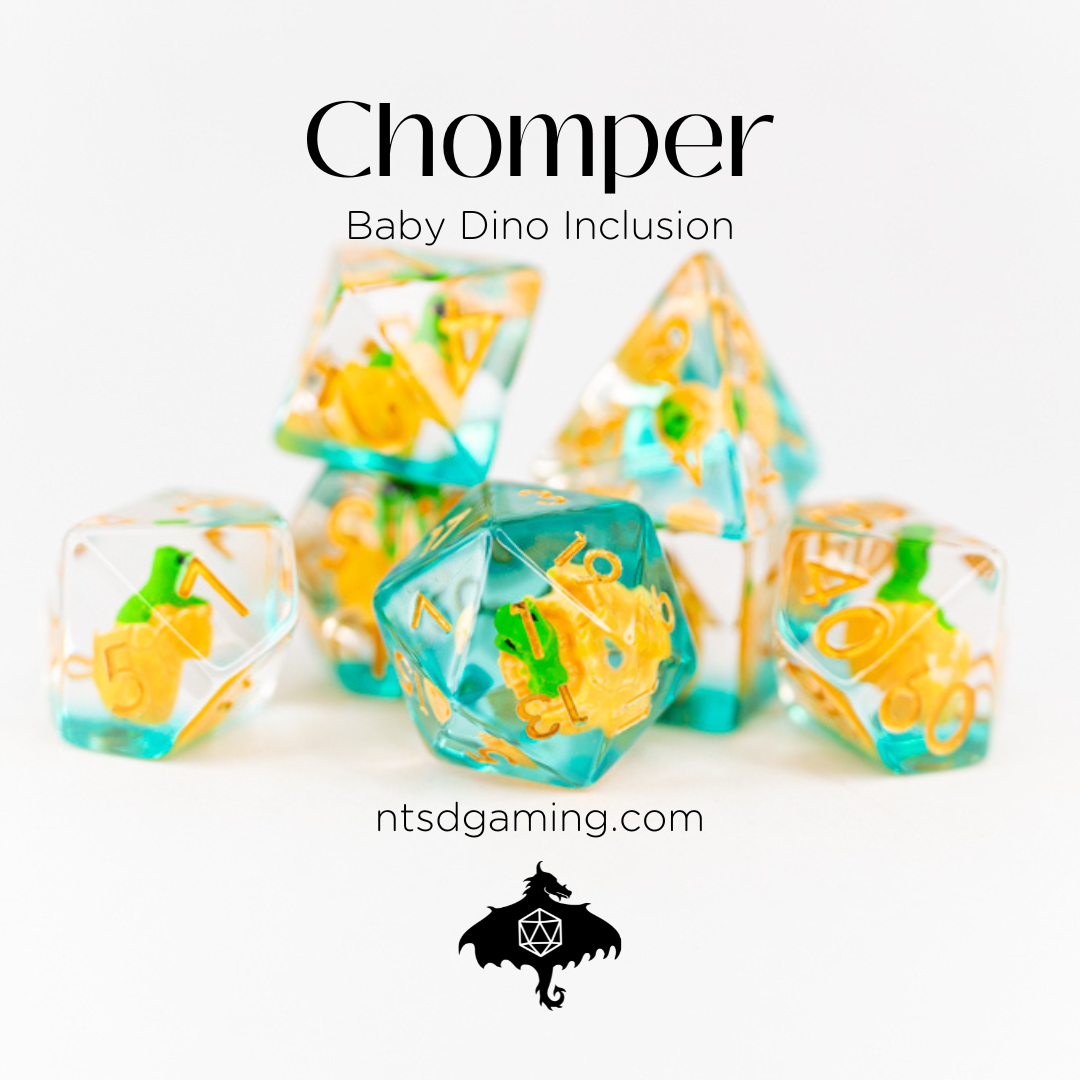 Chomper | Dino Egg | 7 Piece Acrylic Inclusion Dice Set - Emberglow Gaming