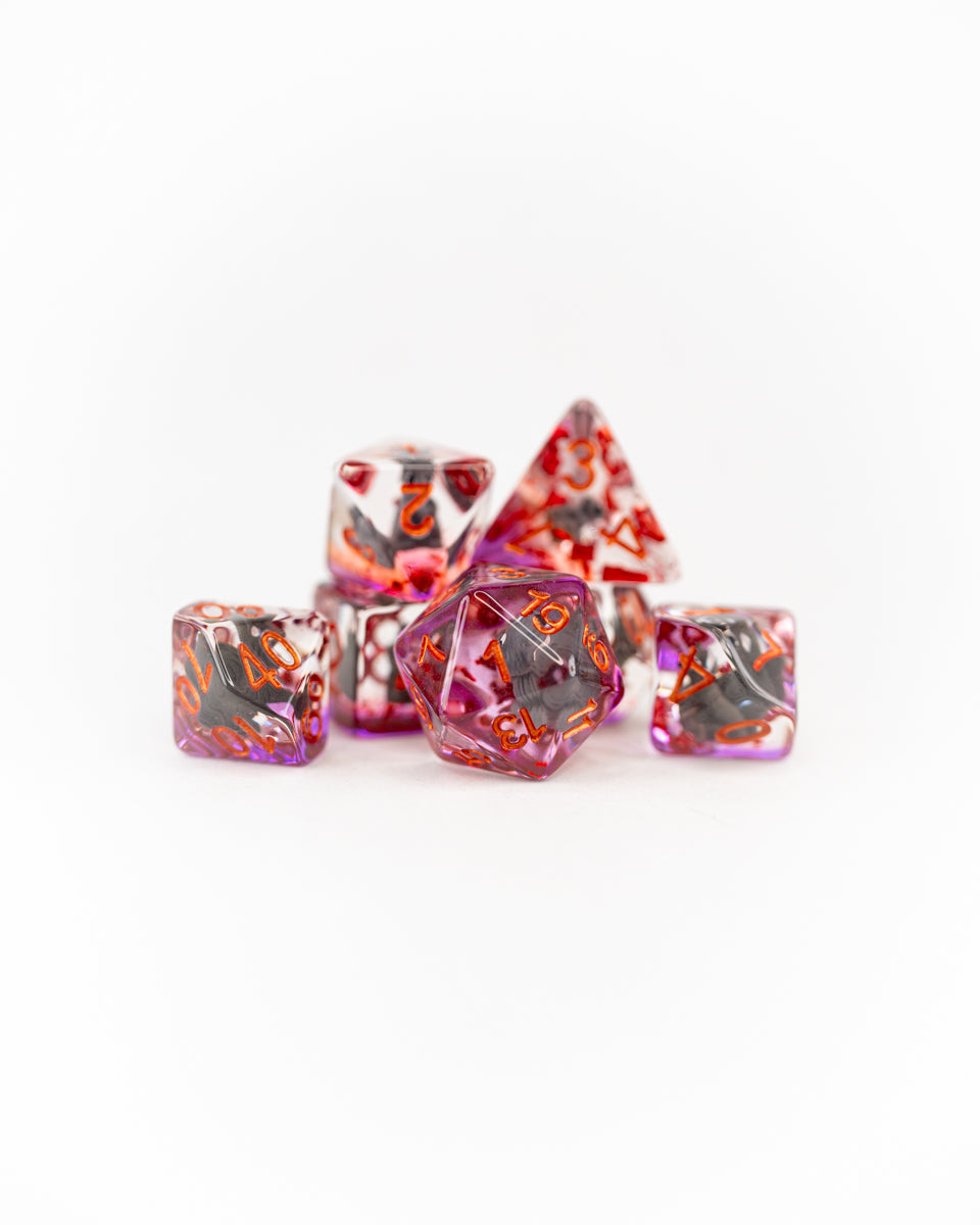 Nutkin | Squirrel | 7 Piece Acrylic Inclusion Dice Set - Emberglow Gaming