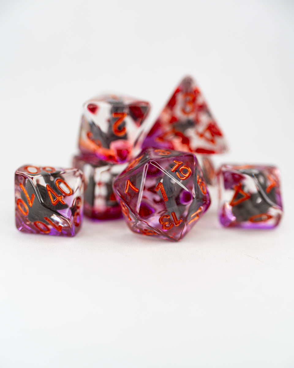 Nutkin | Squirrel | 7 Piece Acrylic Inclusion Dice Set - Emberglow Gaming