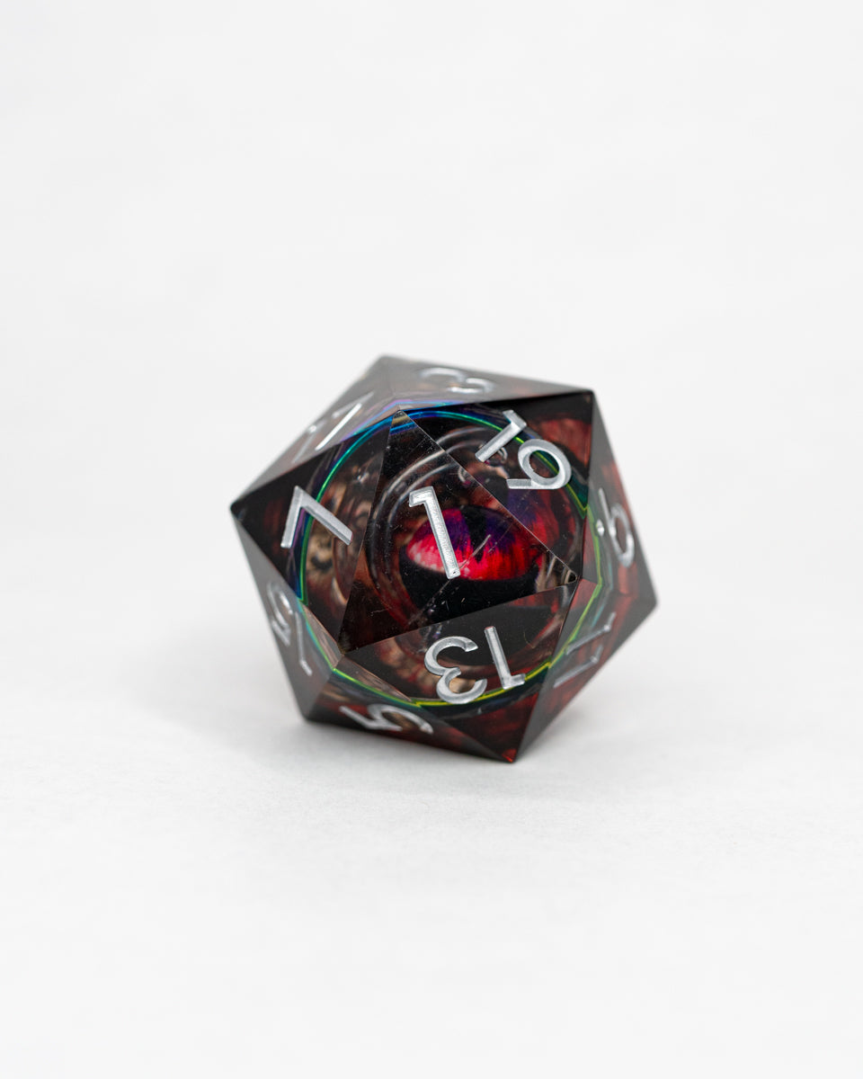 And In The Darkness Bind Them | Ring Inclusion with Watching Eye | 33MM Sharp Edge D20 - Emberglow Gaming