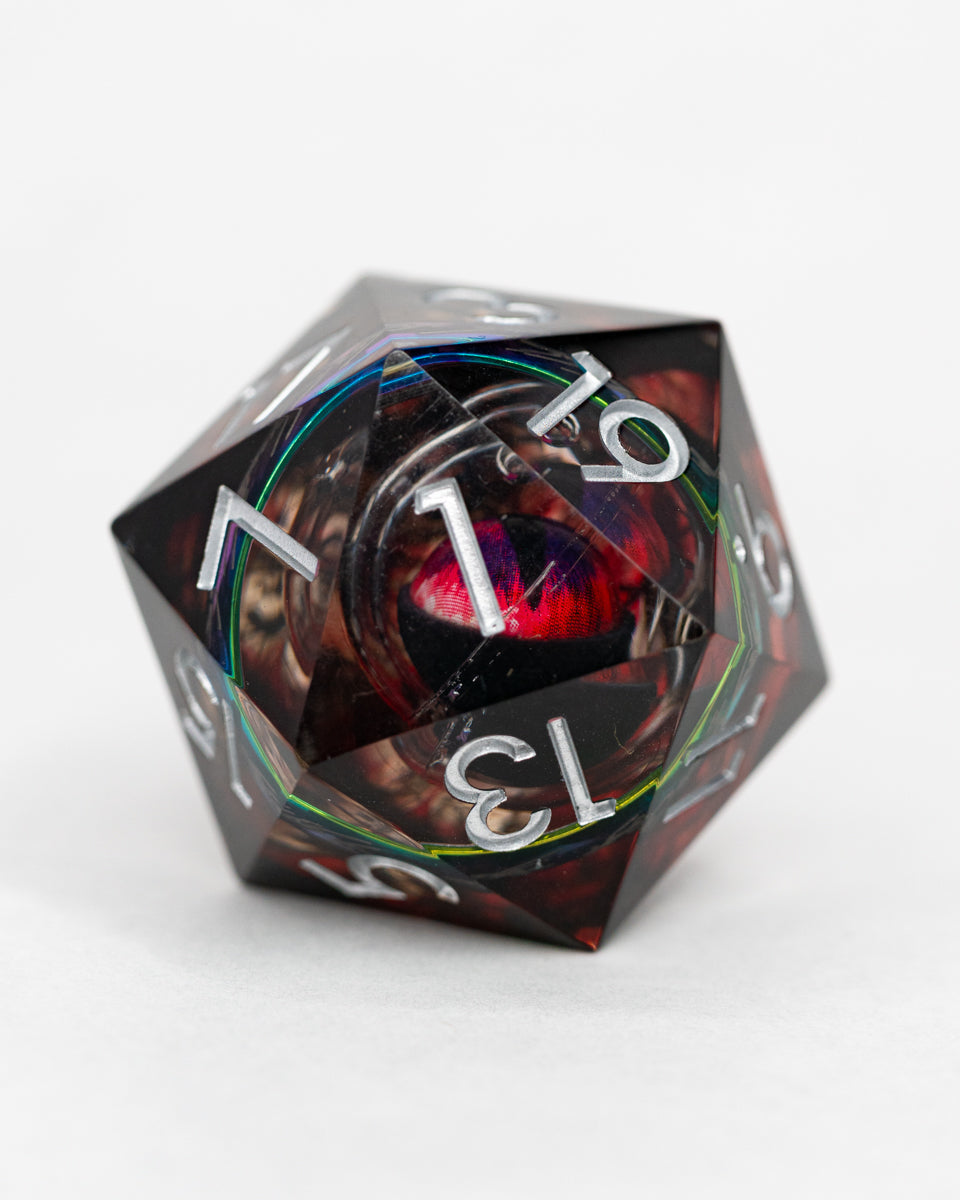 And In The Darkness Bind Them | Ring Inclusion with Watching Eye | 33MM Sharp Edge D20 - Emberglow Gaming