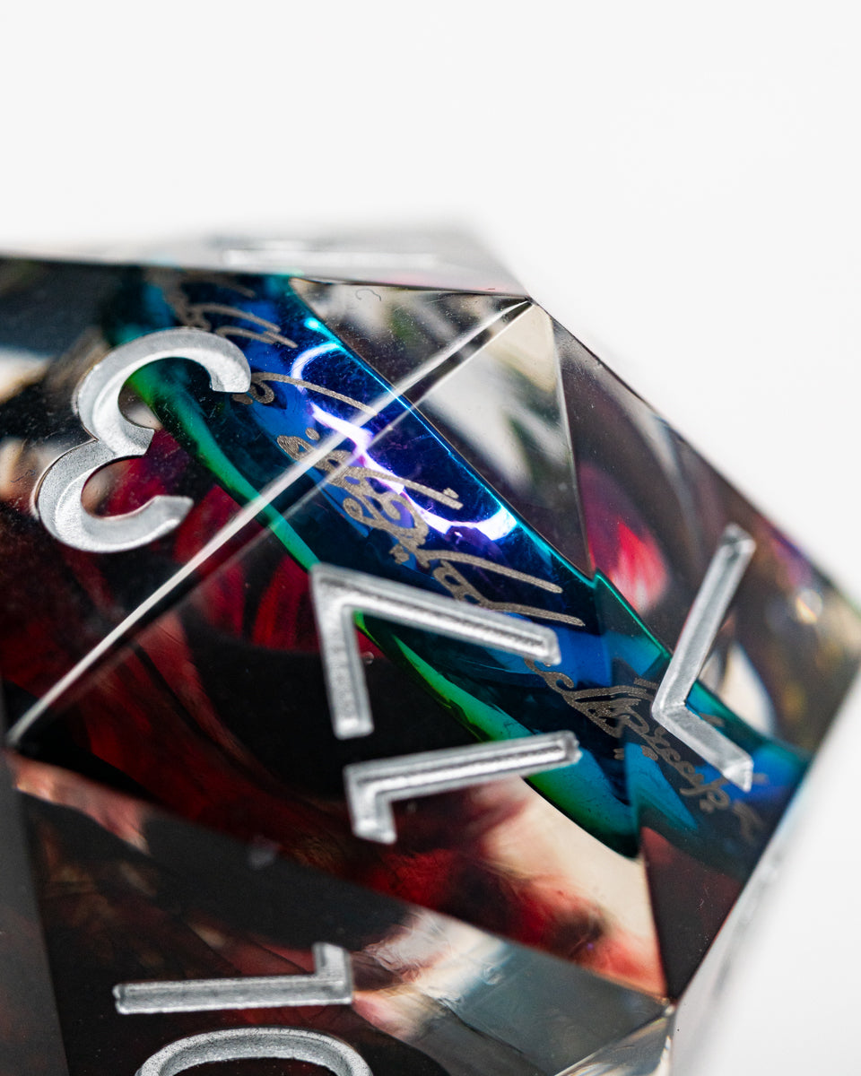 And In The Darkness Bind Them | Ring Inclusion with Watching Eye | 33MM Sharp Edge D20 - Emberglow Gaming