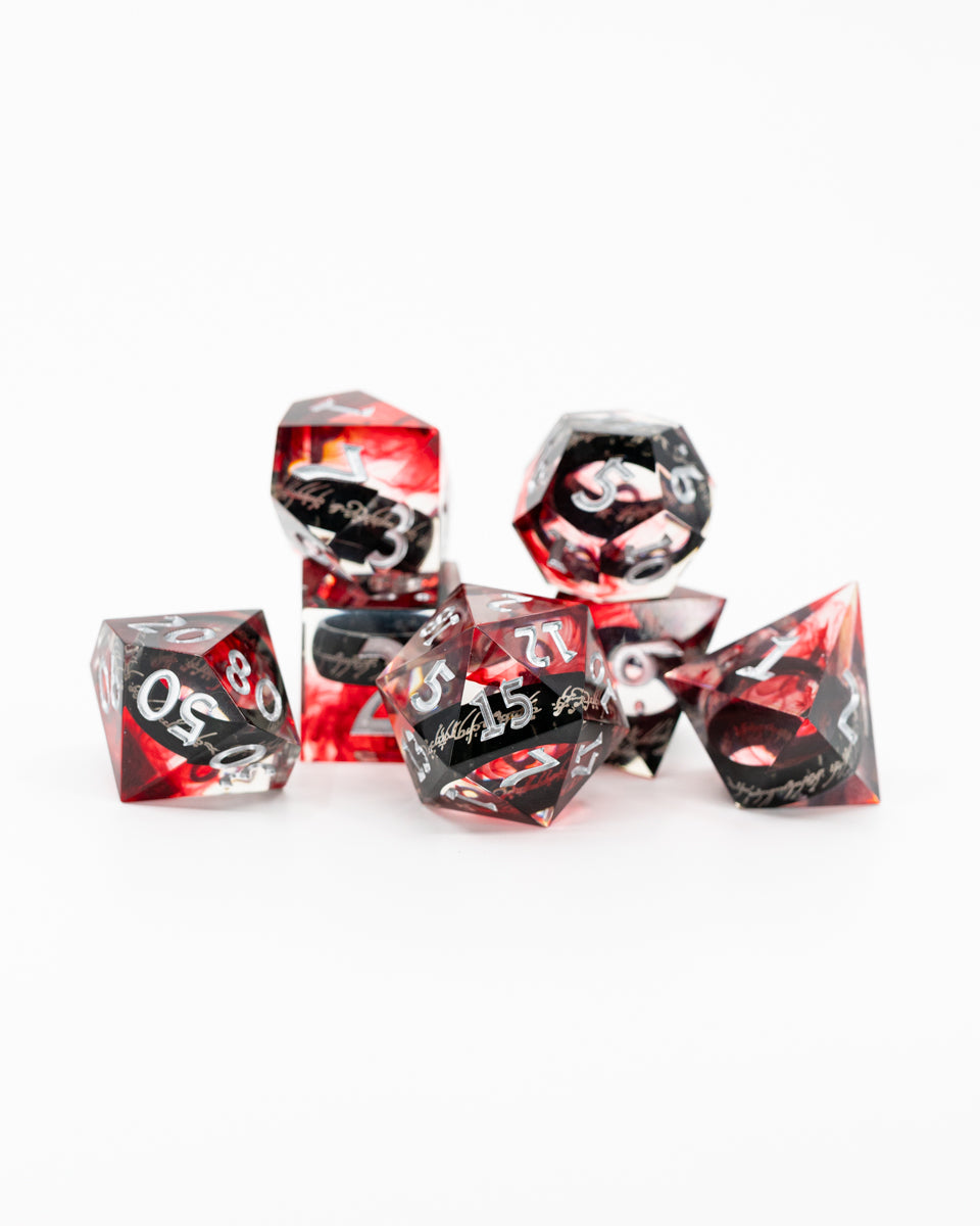 Seven for Dwarf Lords | Ring Inclusion | 7 Piece Sharp Edge Resin Dice Set - Emberglow Gaming