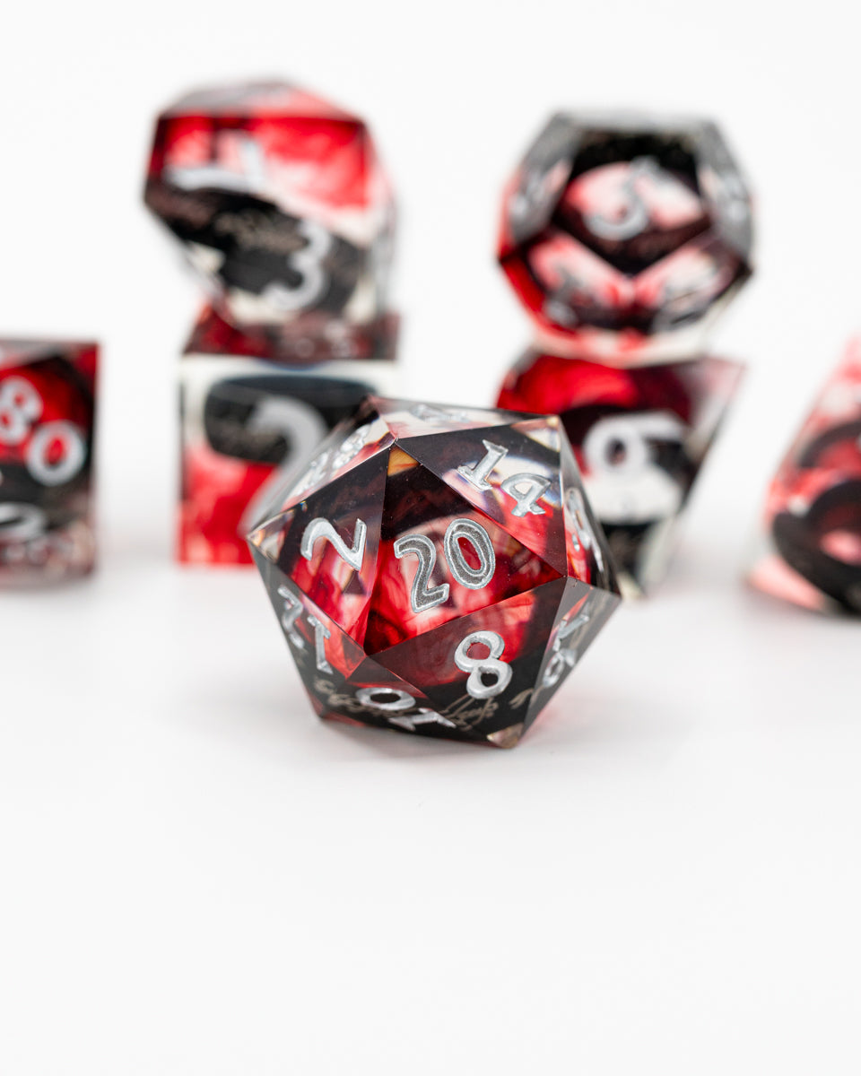 Seven for Dwarf Lords | Ring Inclusion | 7 Piece Sharp Edge Resin Dice Set - Emberglow Gaming