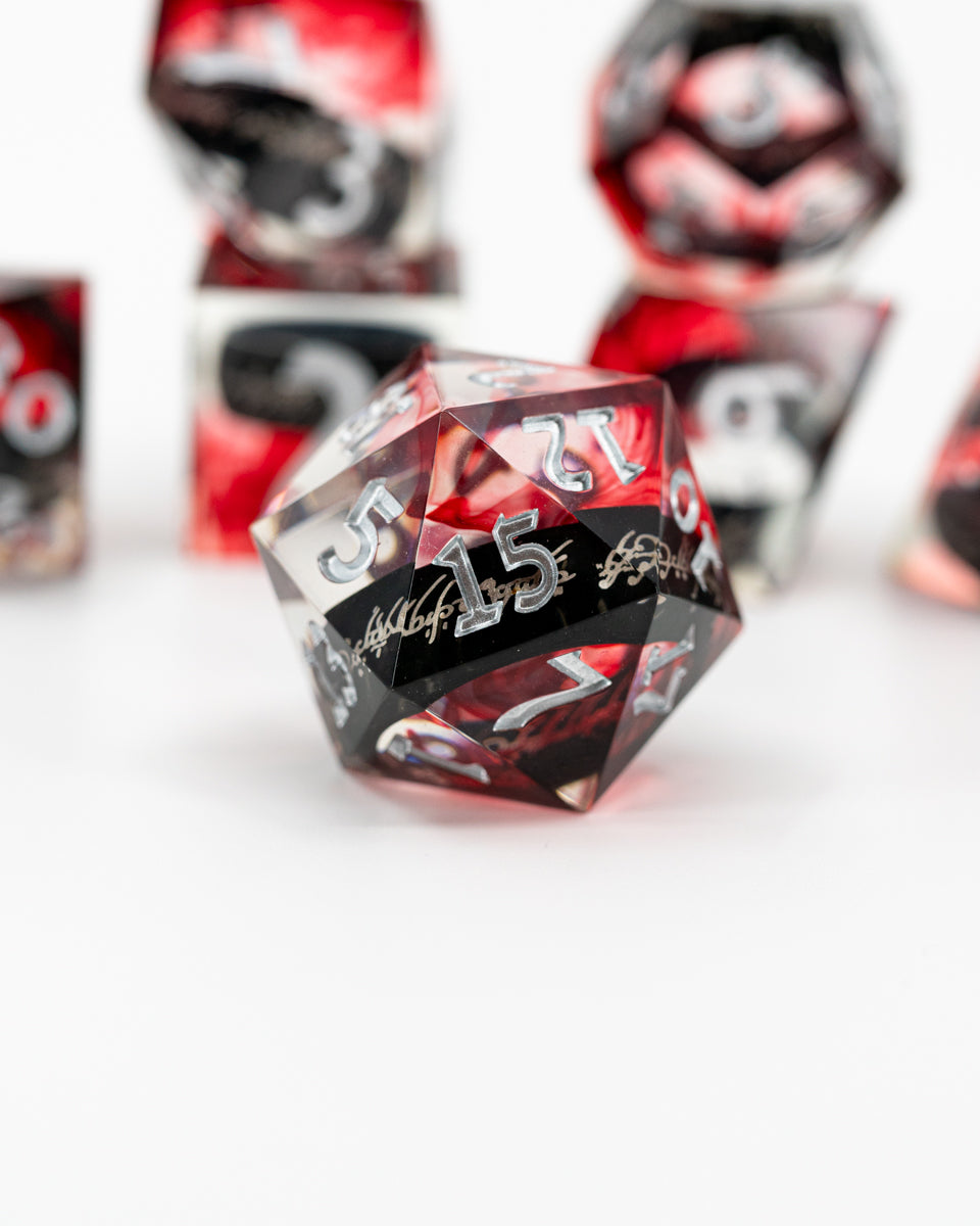 Seven for Dwarf Lords | Ring Inclusion | 7 Piece Sharp Edge Resin Dice Set - Emberglow Gaming