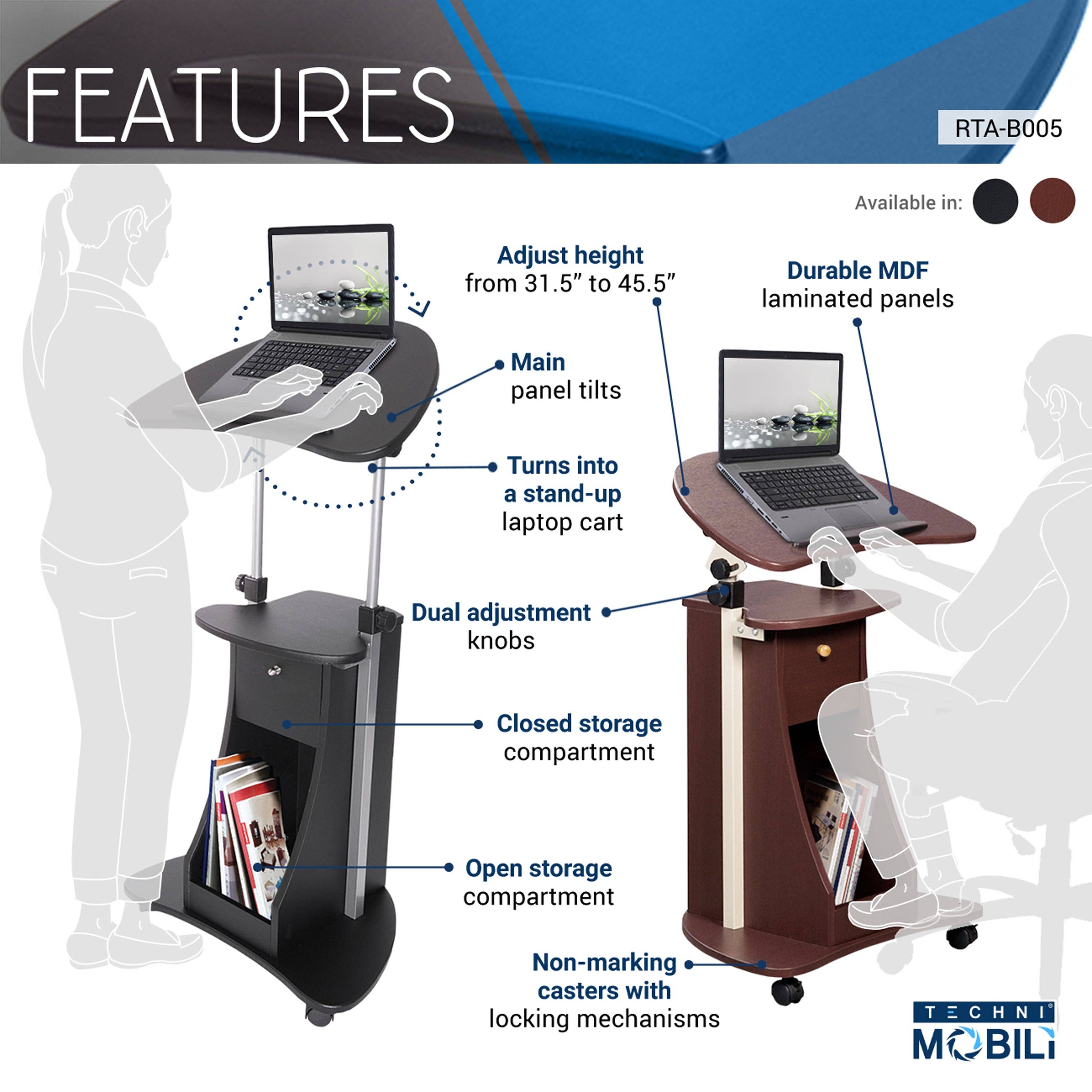 Sit-to-Stand Rolling Adjustable Laptop Cart With Storage