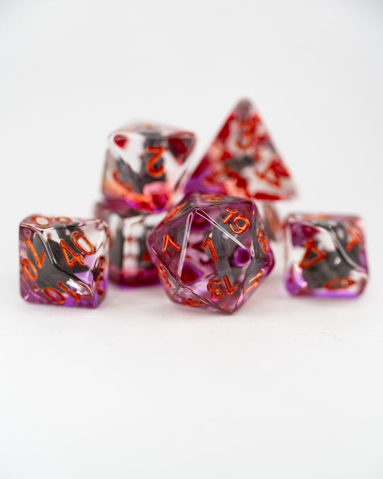 Nutkin | Squirrel | 7 Piece Acrylic Inclusion Dice Set - Emberglow Gaming