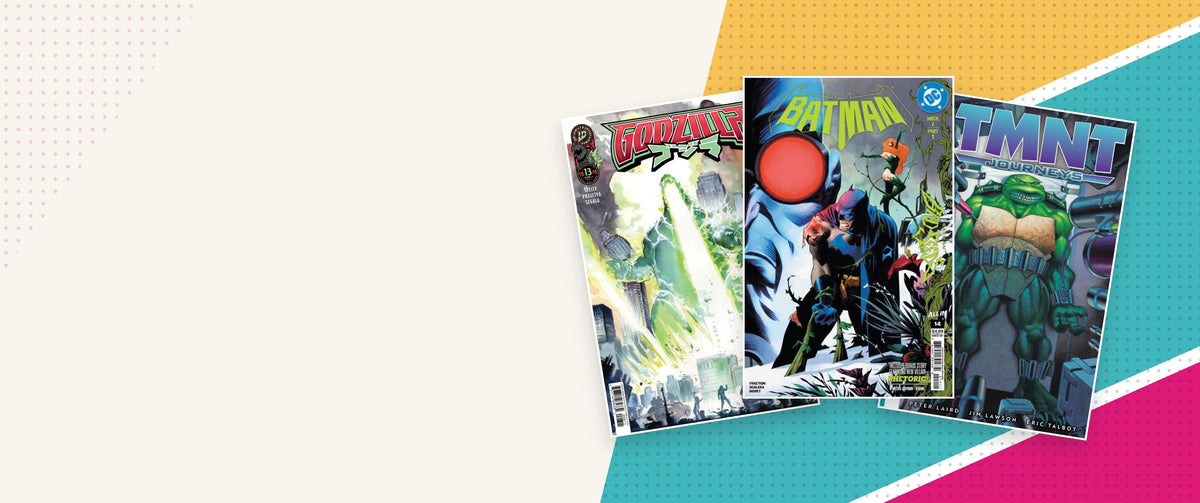 Godzilla, Batman, and Teenage Mutant Ninja Turtles comic covers on a colorful comic-inspired background.