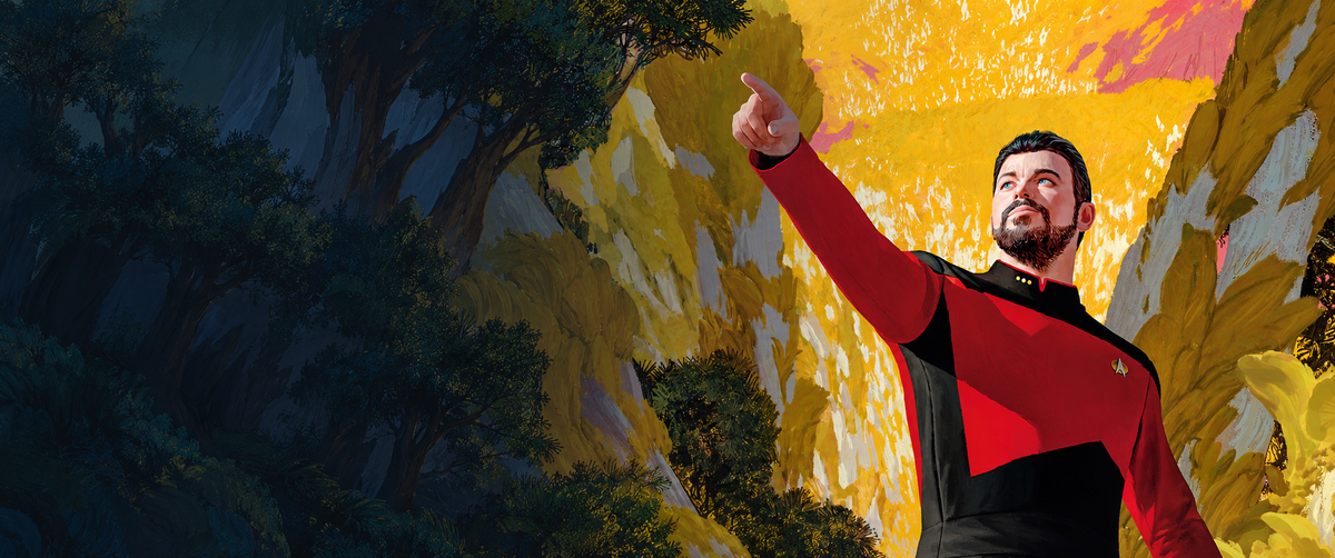 Riker exploring an alien woodland, with dark open space on the left for the Star Trek homepage heading