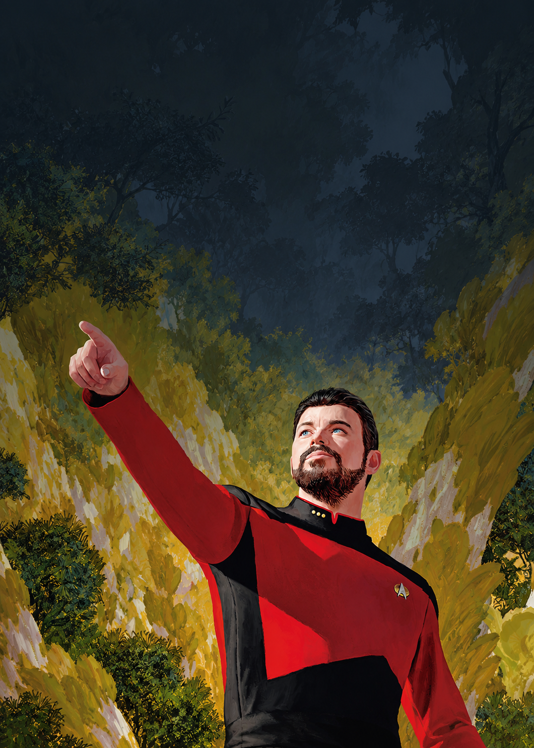 Portrait Star Trek Riker artwork with dark open space above for the homepage heading