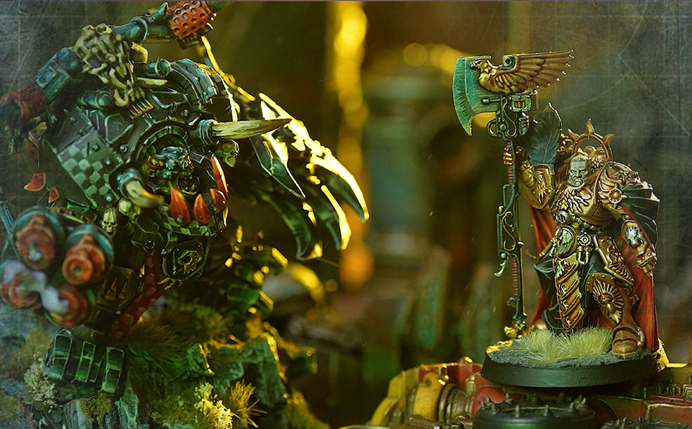 Painted miniatures facing off across a cinematic tabletop battlefield