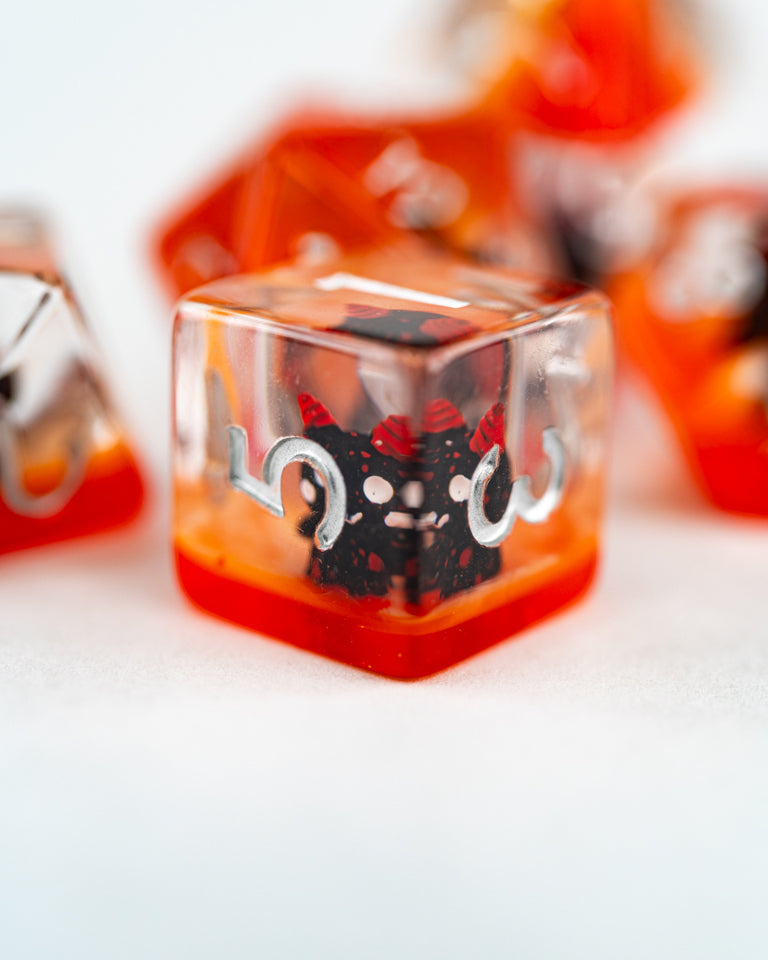 Mephistopheles | Devil Cat | 7 Piece Acrylic Inclusion Dice Set - Emberglow Gaming